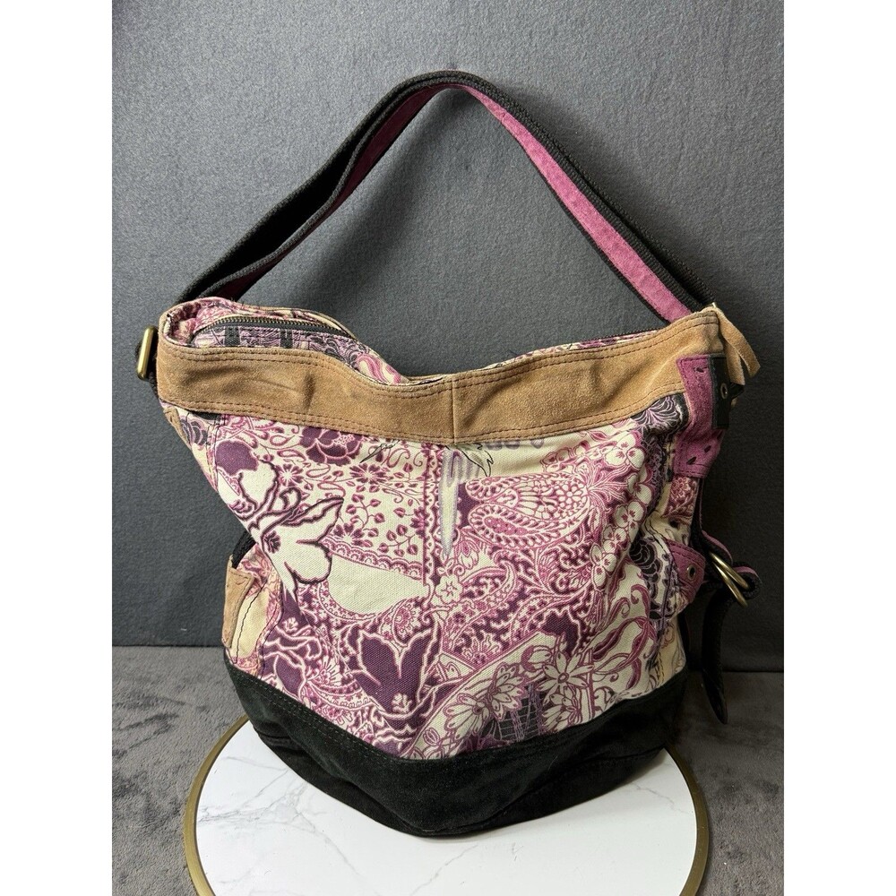 Lucky Brand XL Floral Crossbody Tote Bag Suede Leather Canvas Flower Purse Vtg